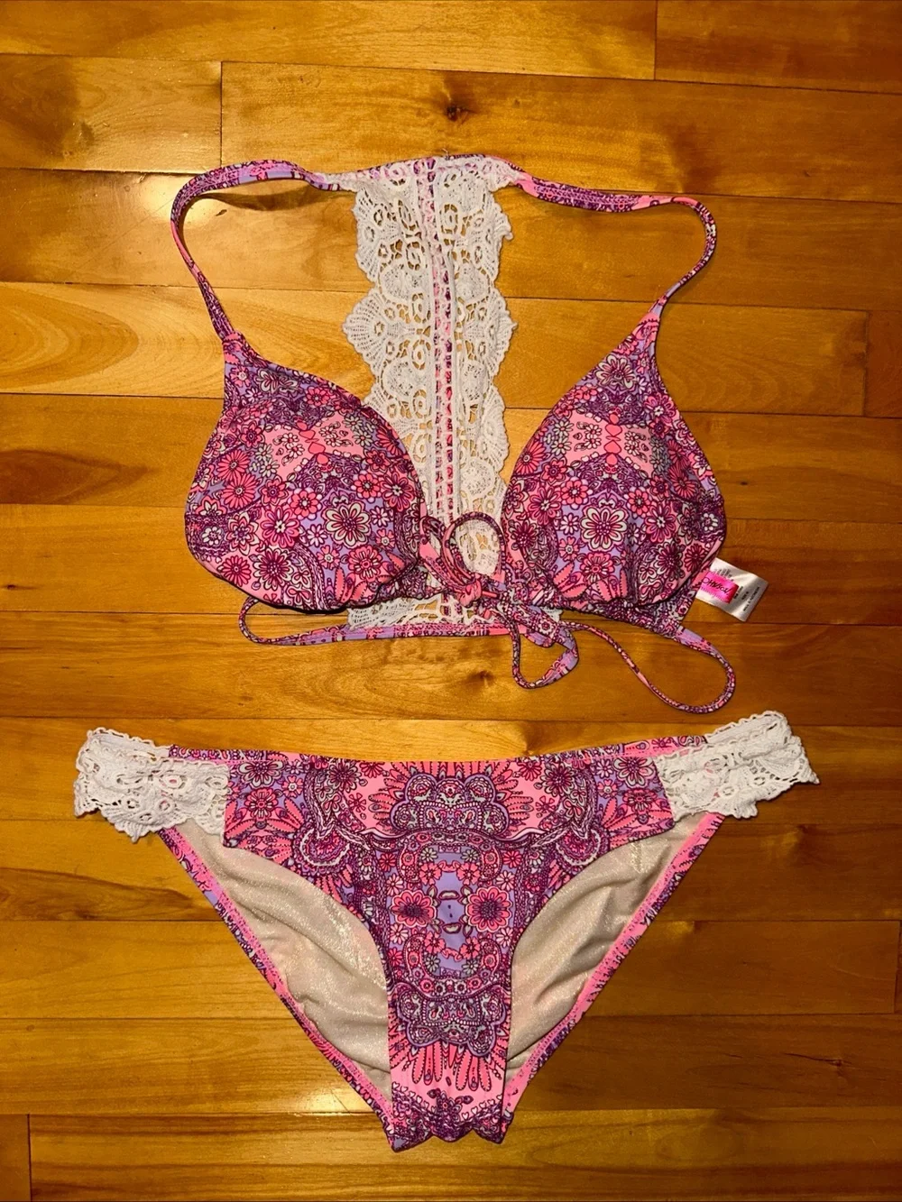 Betsey Johnson Bikini Set Medium Pink Paisley Lace Racerback Halter Swimsuit